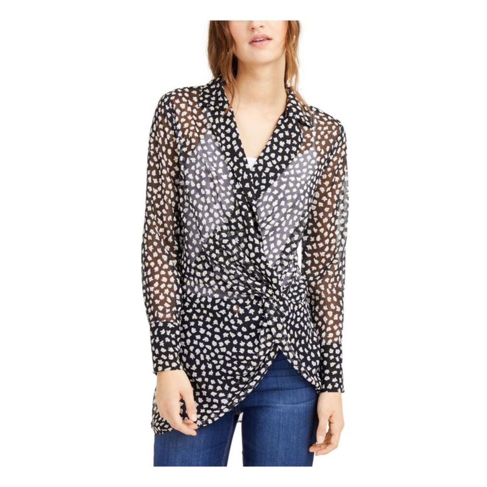 BAR III Womens Black Twist Front Unlined Cuffed Sleeve Collared Tunic Top XS